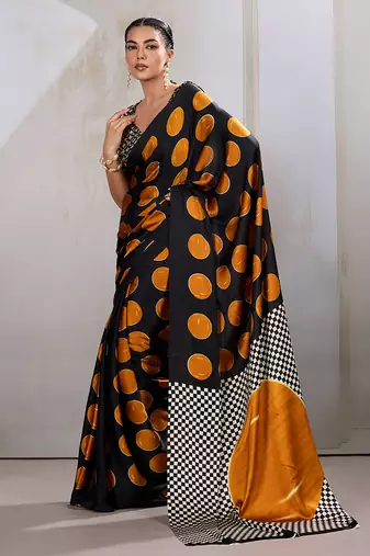 Black & orange satin printed saree