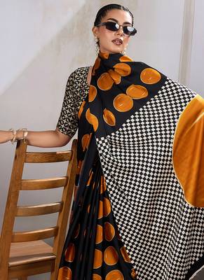 Black & orange satin printed saree 3