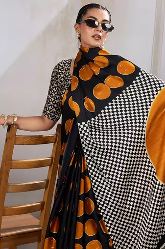 Black & orange satin printed saree