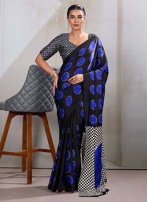 Black & blue satin printed saree 1