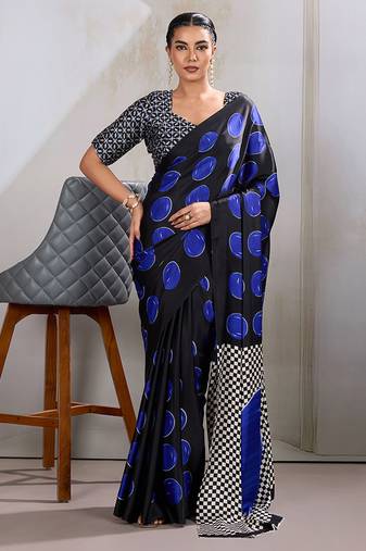 Black & blue satin printed saree