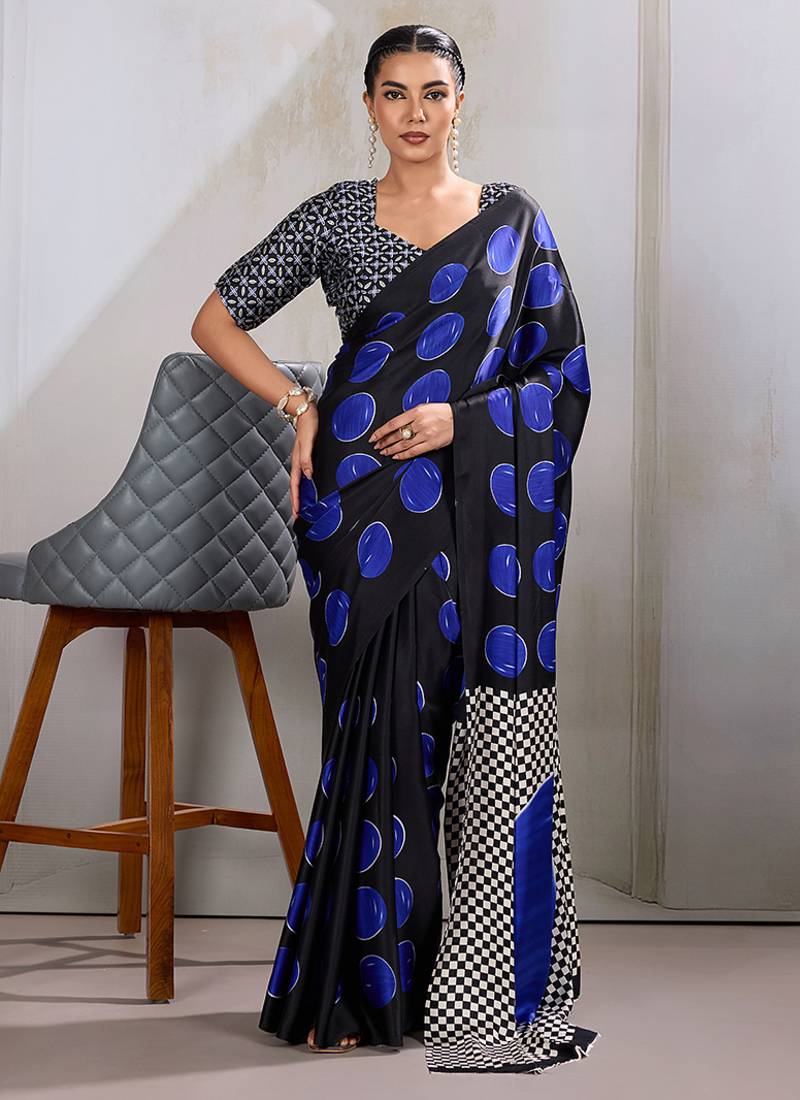 Black & blue satin printed saree