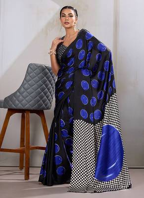 Black & blue satin printed saree 2