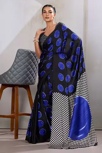 Black & blue satin printed saree