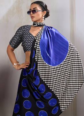 Black & blue satin printed saree 3