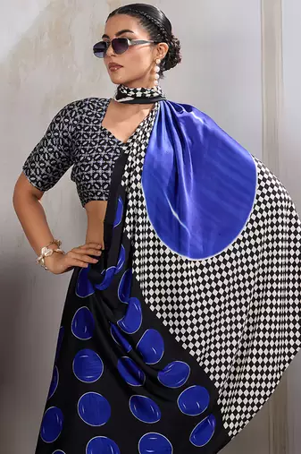 Black & blue satin printed saree