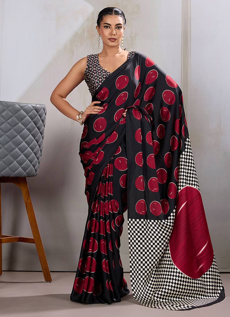 Black & red satin printed saree