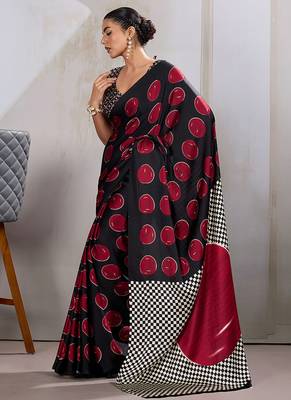 Black & red satin printed saree 2