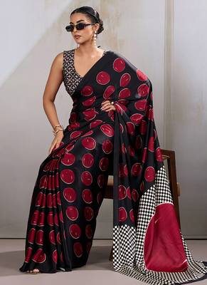 Black & red satin printed saree 3