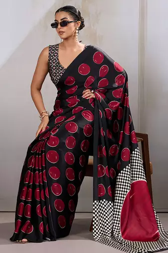 Black & red satin printed saree
