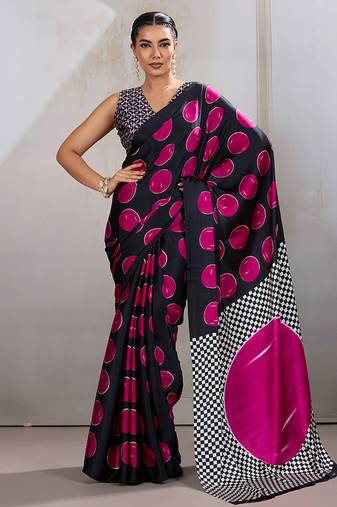 Black & hot pink satin printed saree