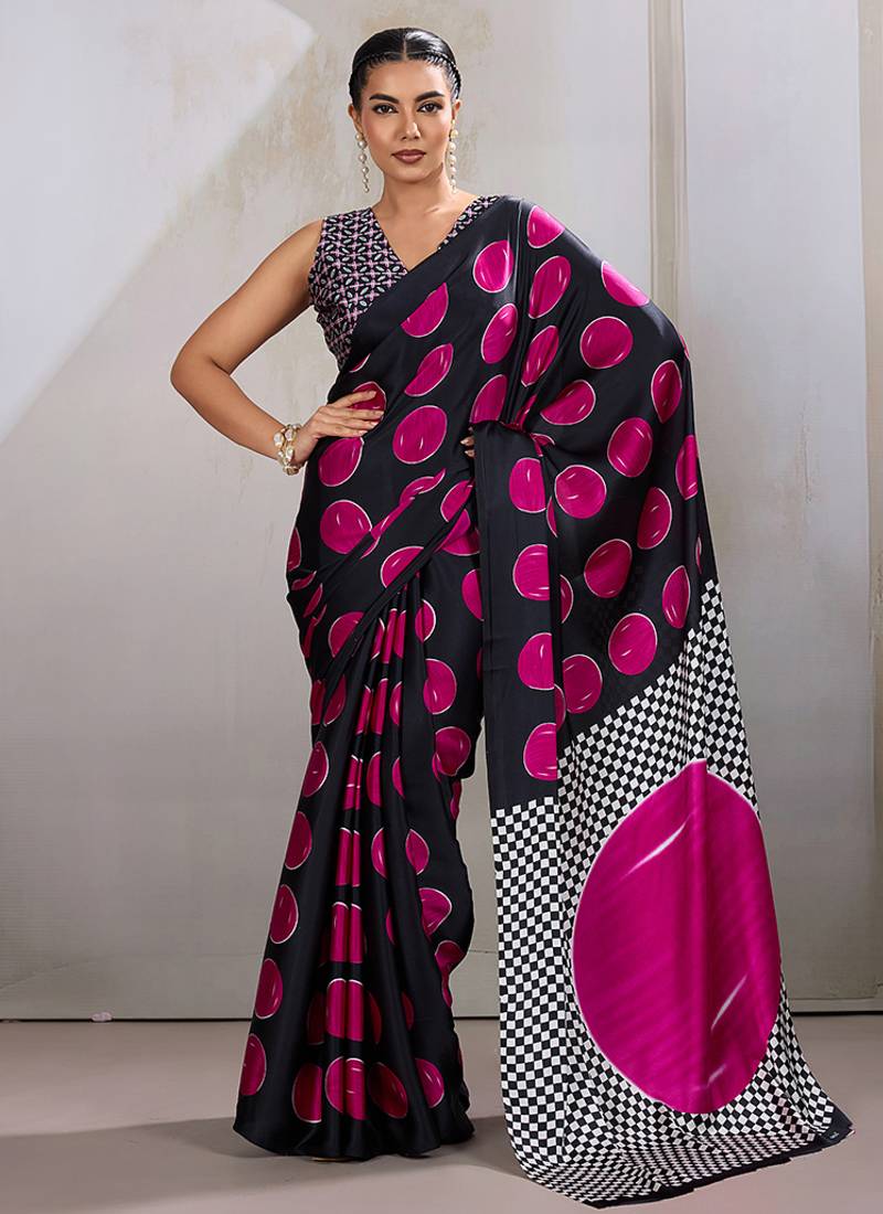 Black & hot pink satin printed saree