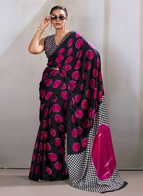 Black & hot pink satin printed saree 2