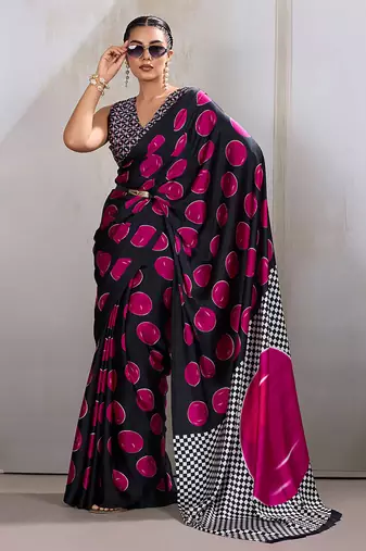 Black & hot pink satin printed saree