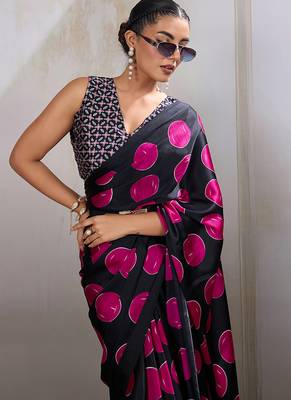 Black & hot pink satin printed saree 3