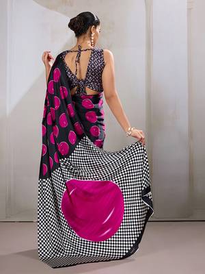 Black & hot pink satin printed saree 4