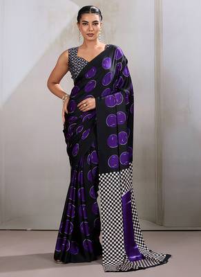 Black & violet satin printed saree 1