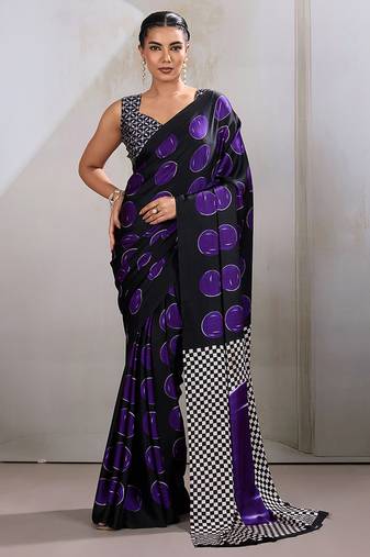 Black & violet satin printed saree