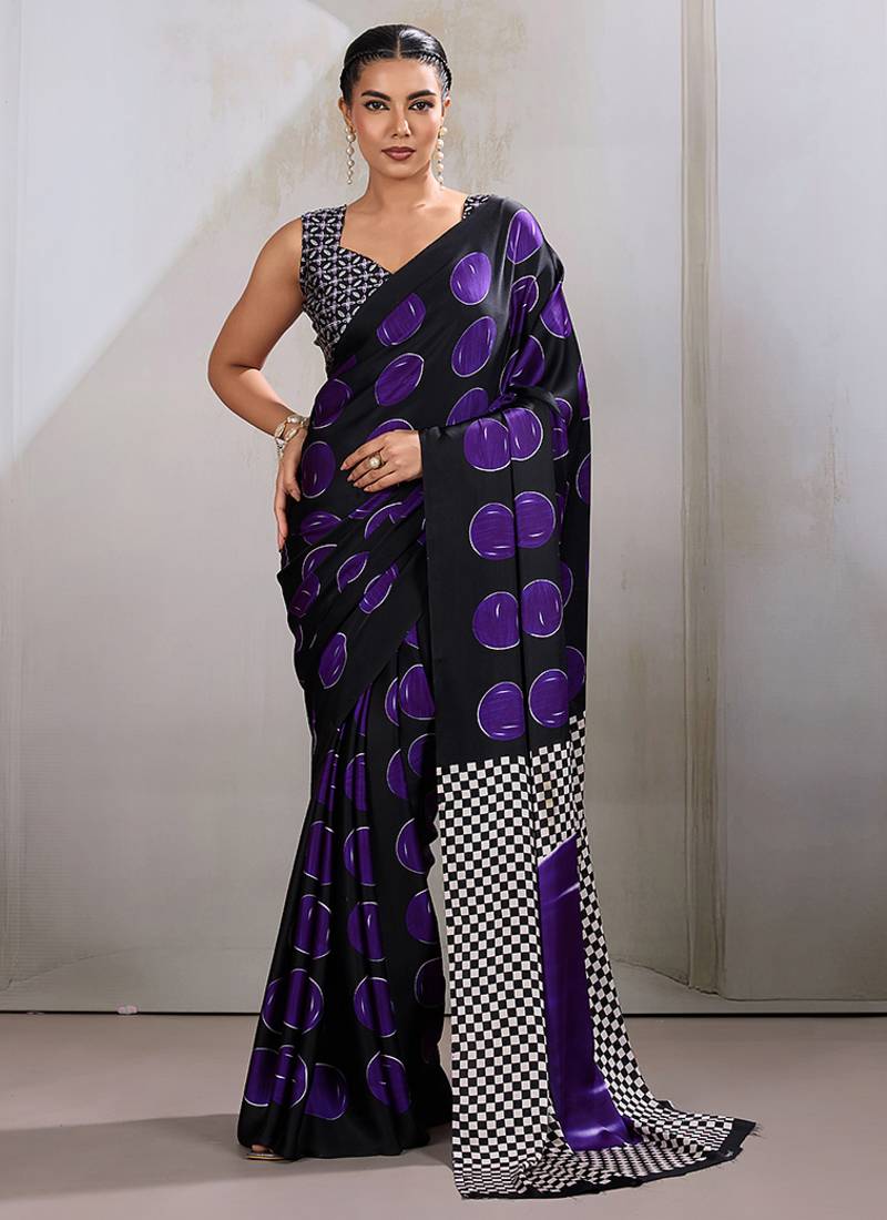 Black & violet satin printed saree