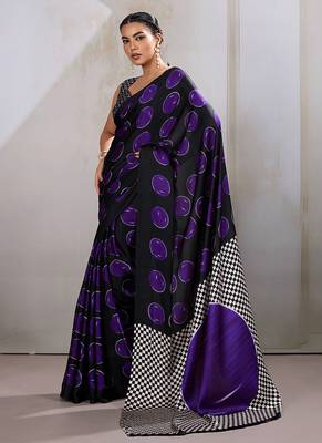 Black & violet satin printed saree 2