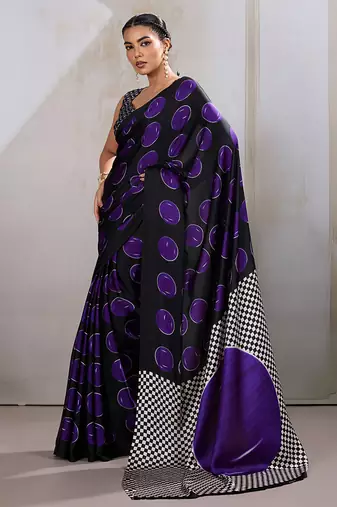 Black & violet satin printed saree