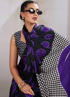 Black & violet satin printed saree 3