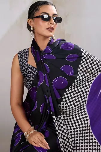 Black & violet satin printed saree