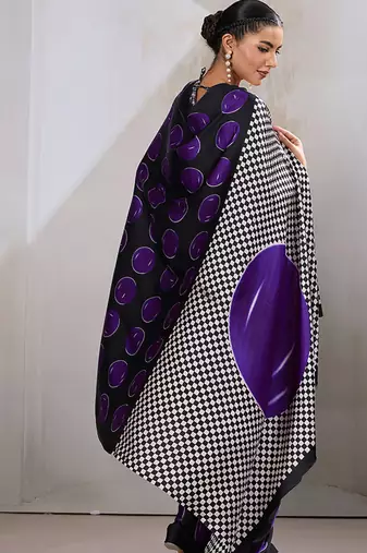 Black & violet satin printed saree