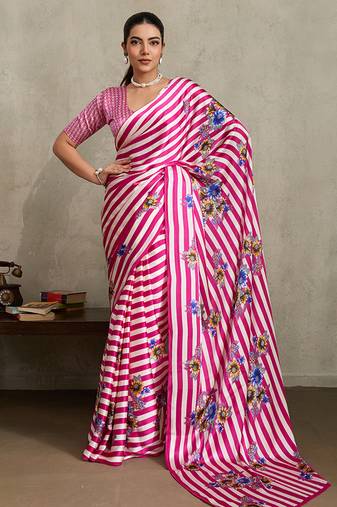 Hot pink printed satin saree