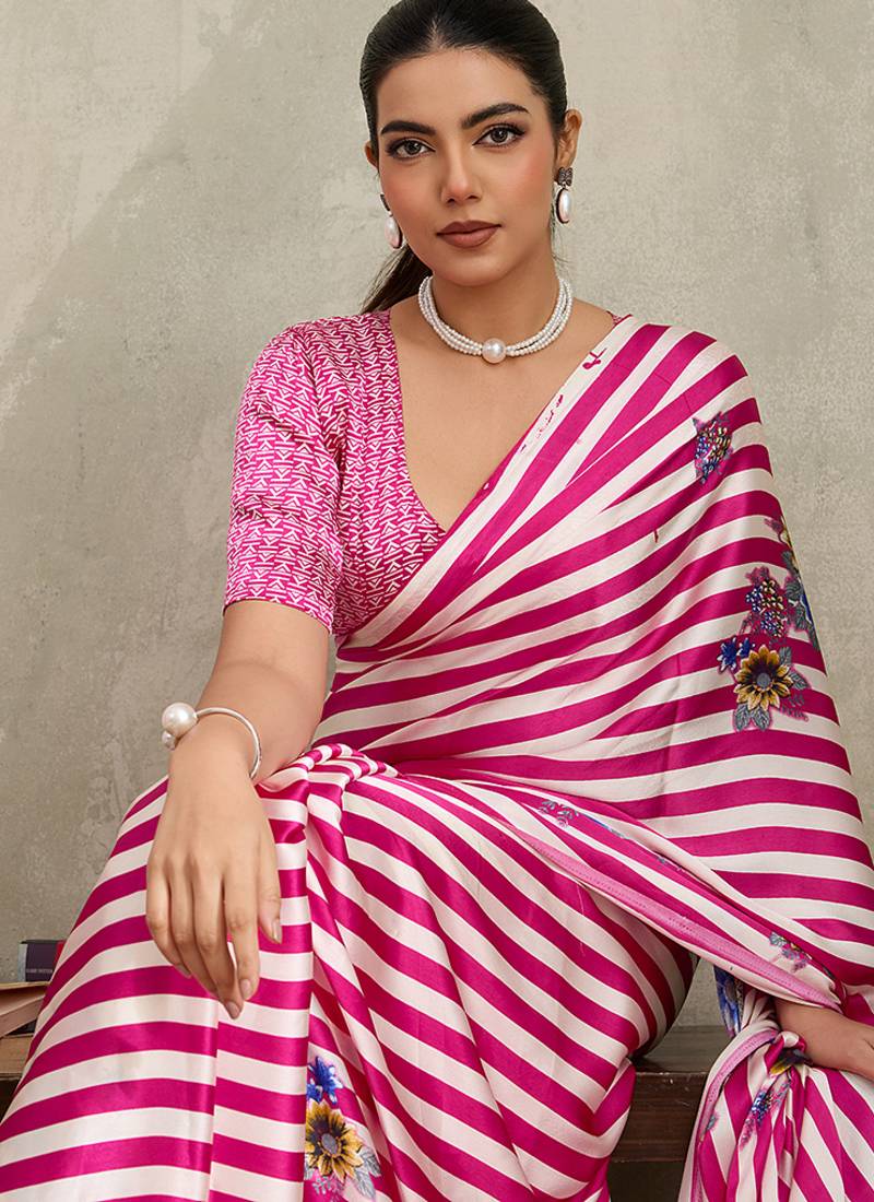Hot pink printed satin saree