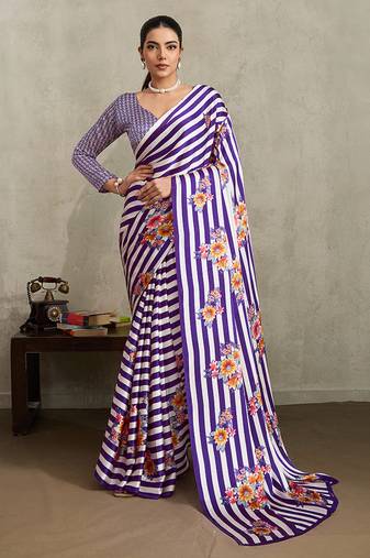 Purple printed satin saree