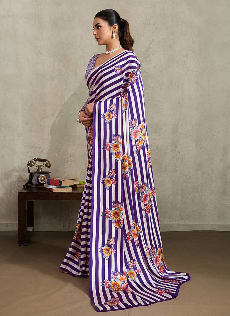 Purple printed satin saree