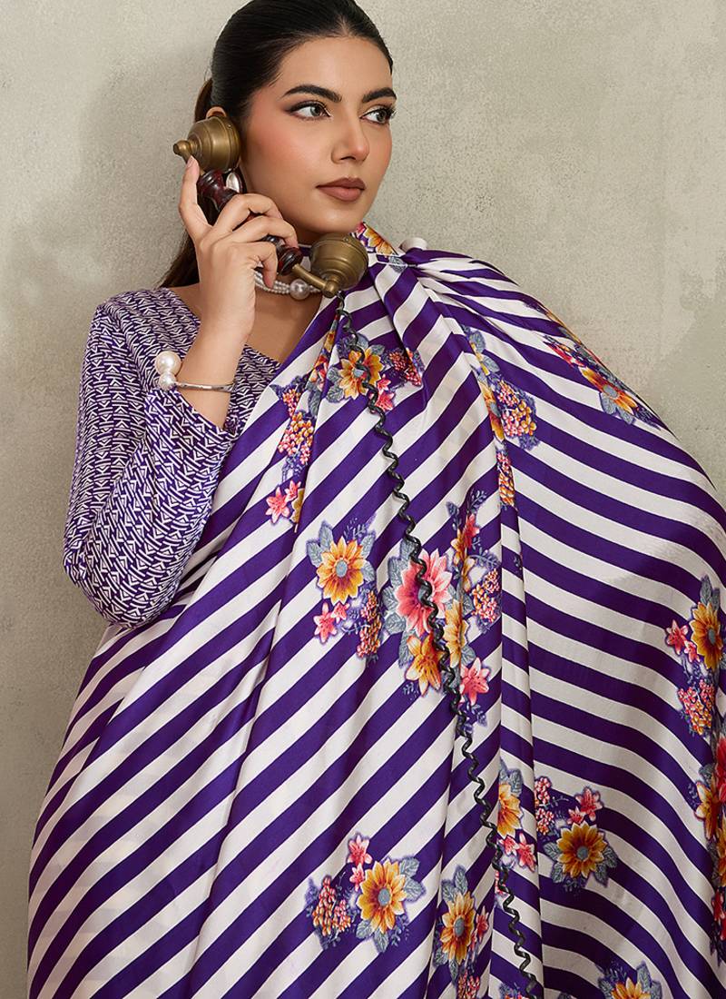 Purple printed satin saree