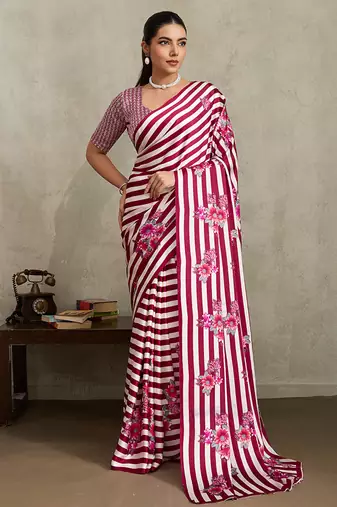 Pink printed satin saree