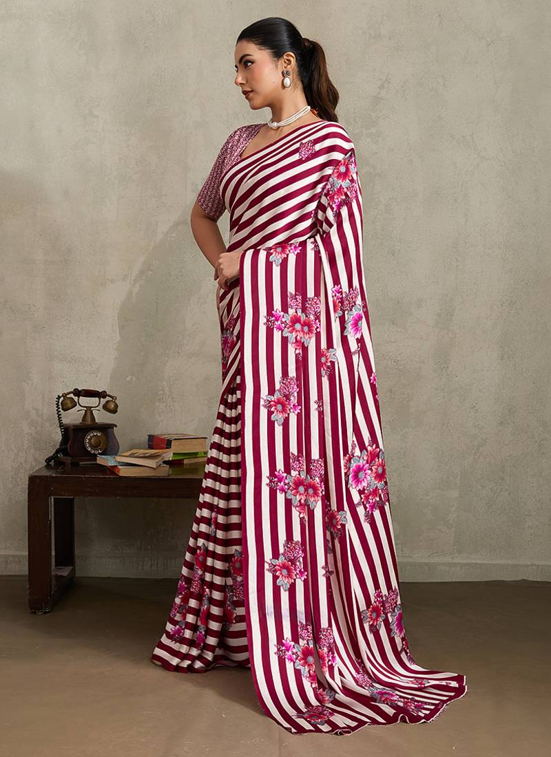 Pink printed satin saree