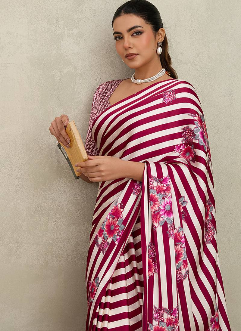 Pink printed satin saree