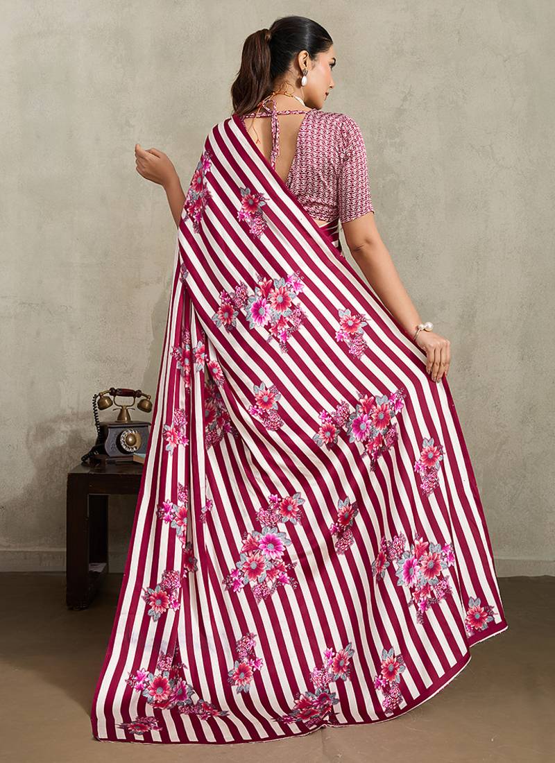 Pink printed satin saree