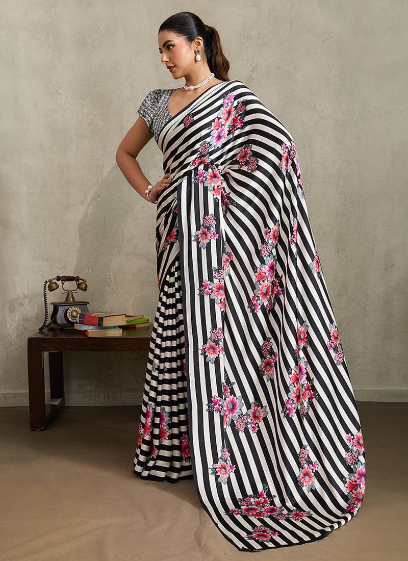 Black printed satin saree