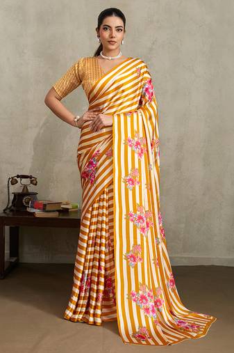 Mustard printed satin saree