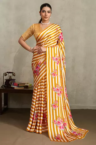 Mustard printed satin saree