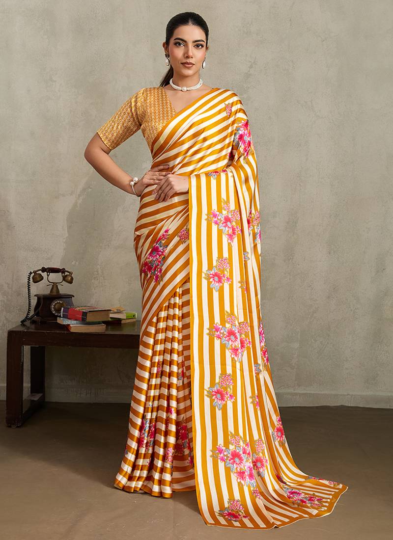 Mustard printed satin saree