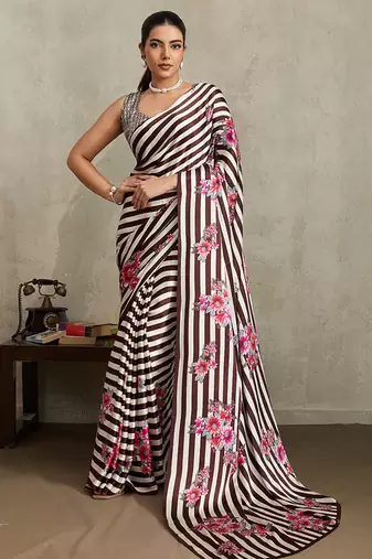 Brown printed satin saree