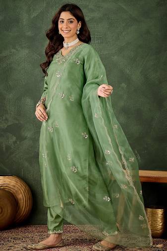Light green women kurta pant dupatta set