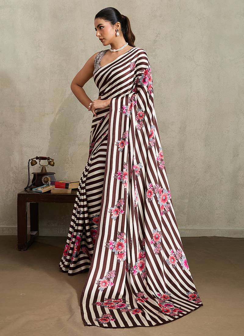 Brown printed satin saree