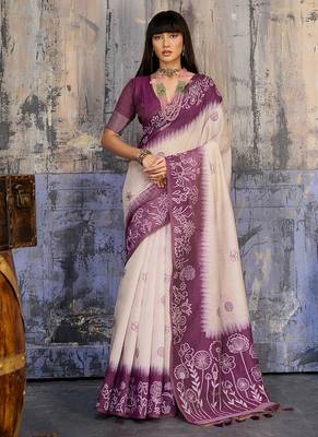 Cotton blend cream & plum saree 1
