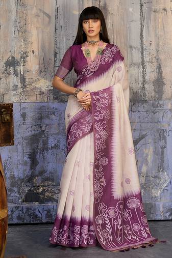 Cotton blend cream & plum saree