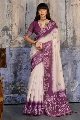 Cotton blend cream & plum saree