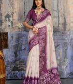 Cotton blend cream & plum saree