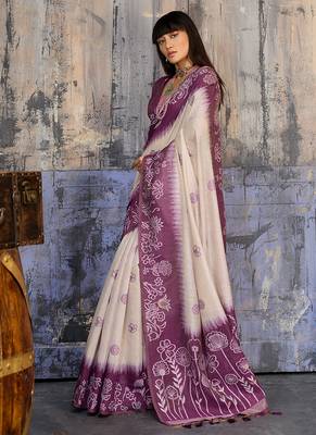 Cotton blend cream & plum saree 2