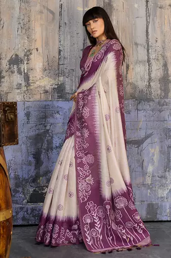 Cotton blend cream & plum saree